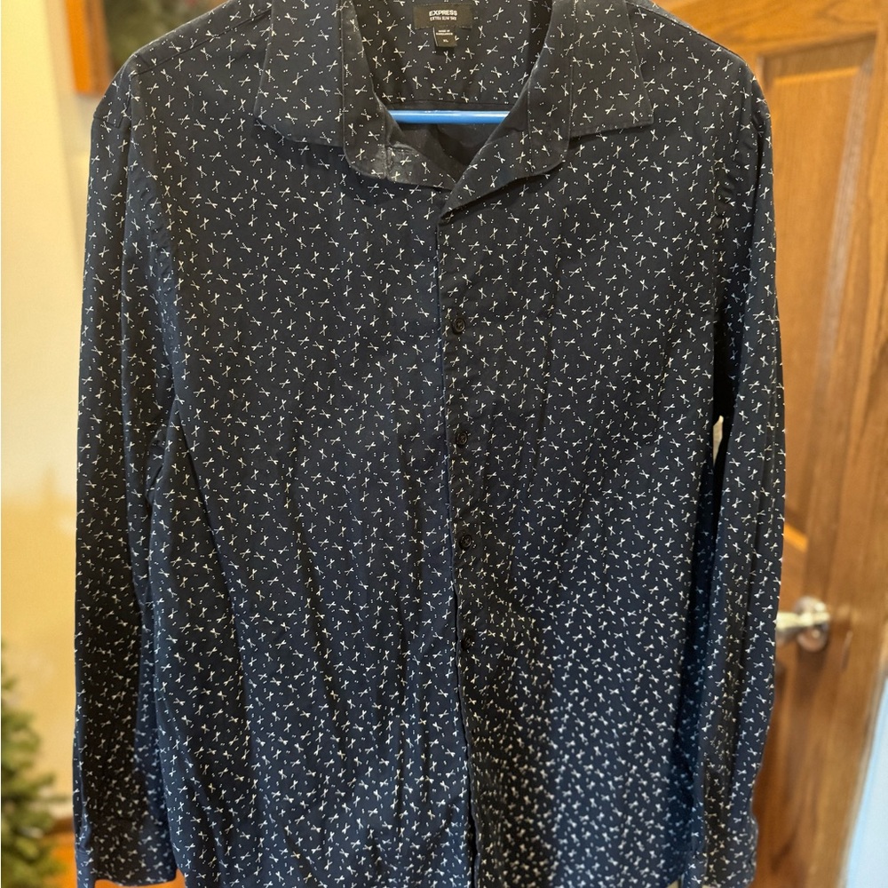 Express Navy and White Patterned Shirt